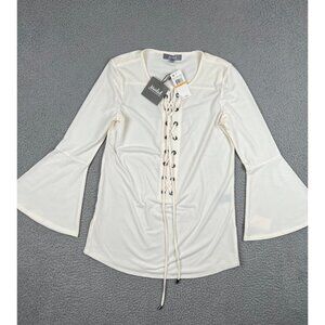 NWT Marled Reunited Clothing Top Women Small Ivory Bell Sleeve Lace Up Boho